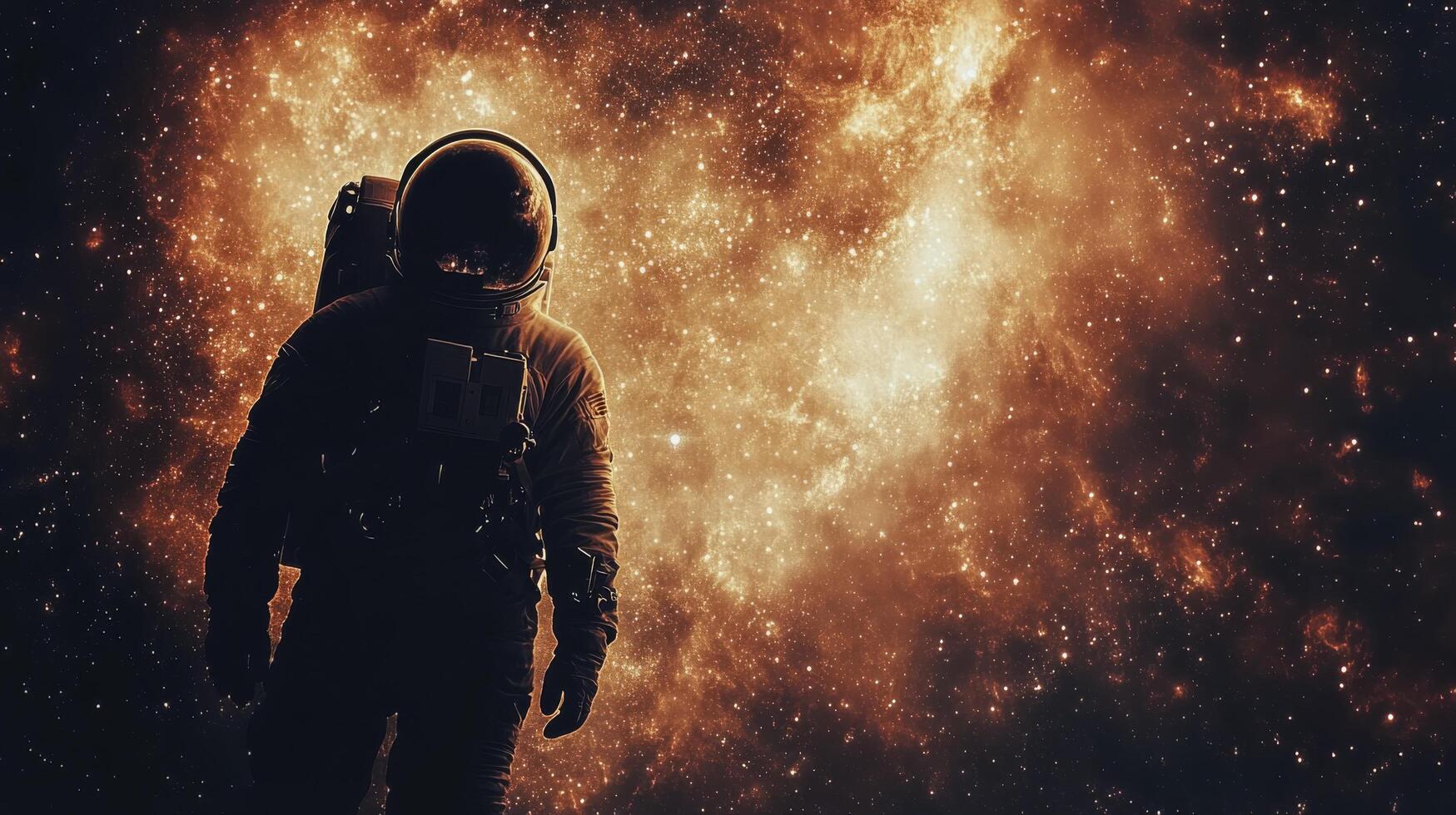 Astronaut standing against a backdrop of flames and stars in a surreal cosmic landscape photo
