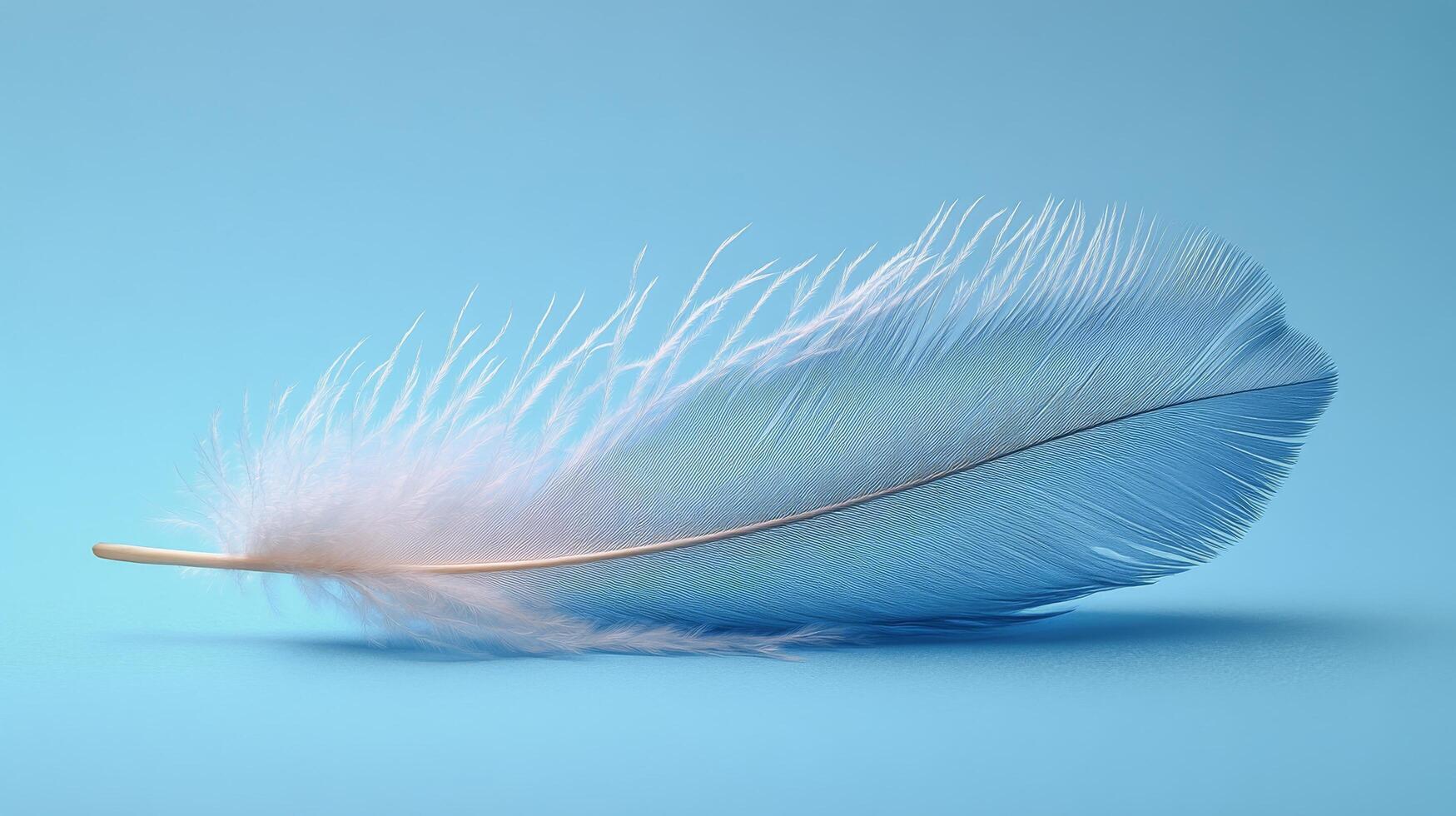 Delicate feather resting on soft blue fabric in tranquil natural light photo