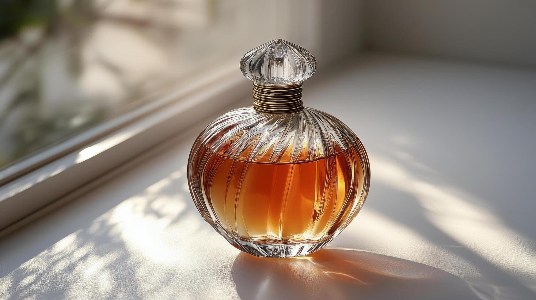 Elegant glass perfume bottle with wooden cap displayed on a smooth beige surface photo