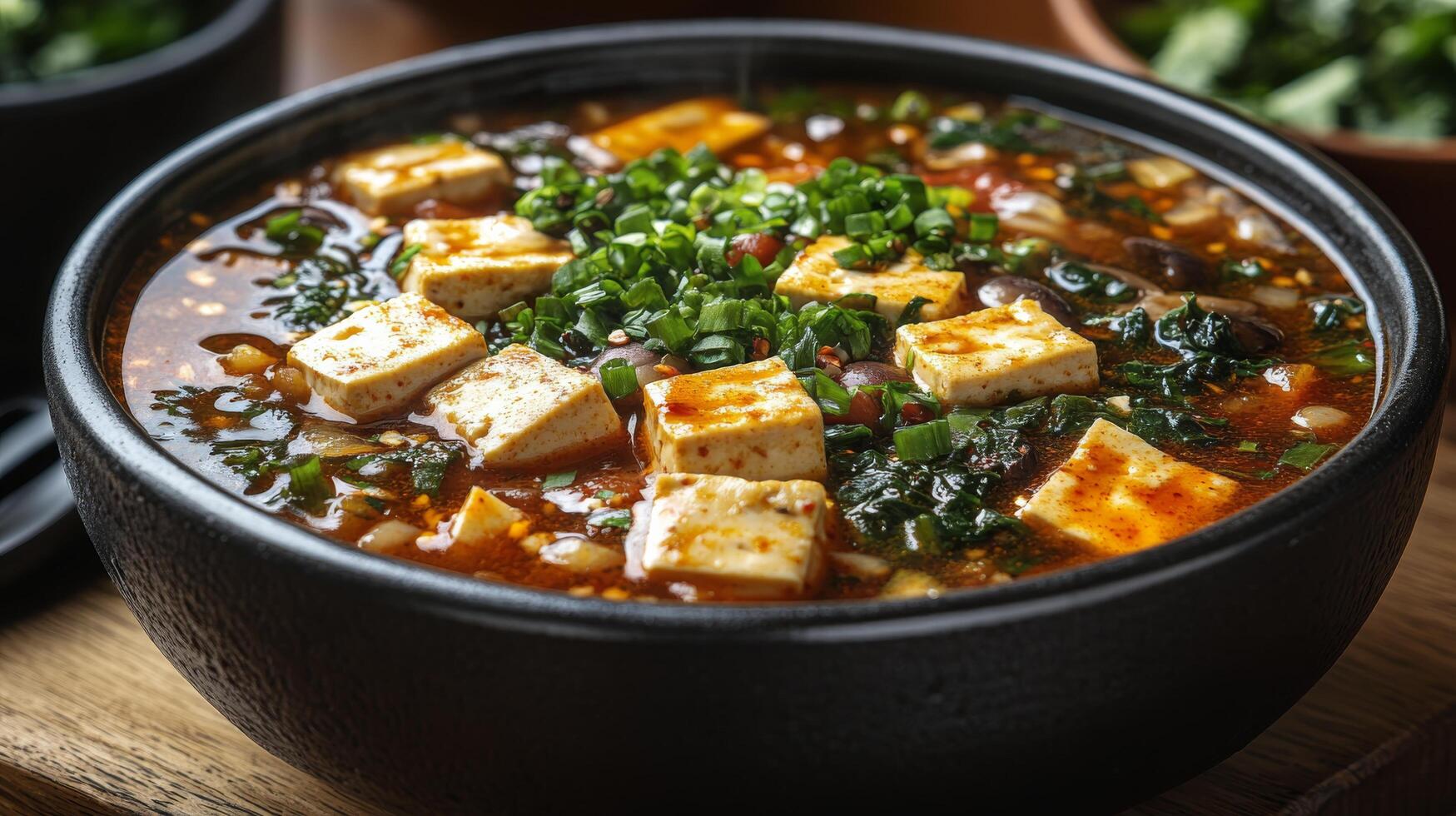 Spicy tofu stew with herbs garnished in a traditional black stone bowl photo