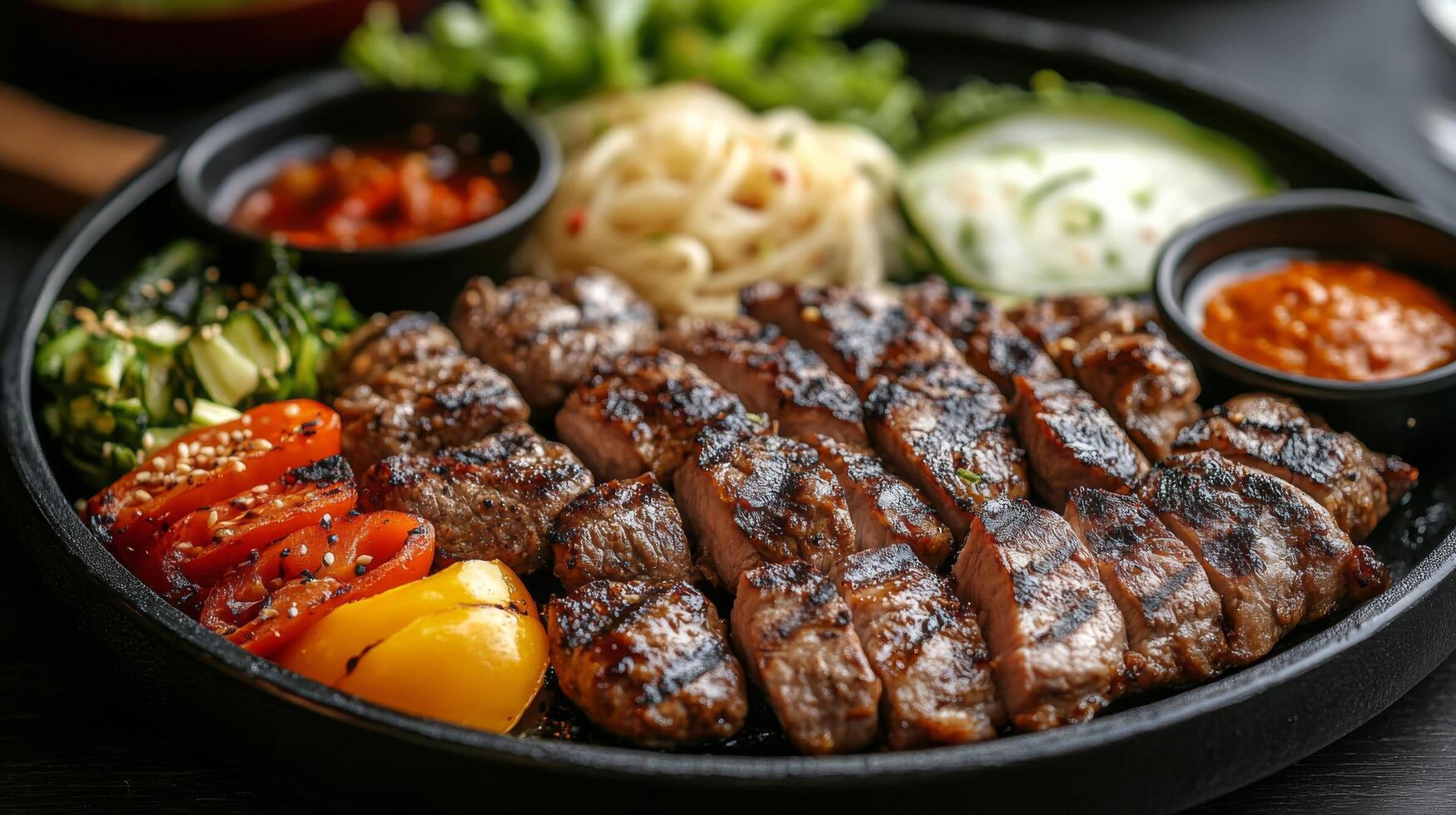 Grilled beef platter served with assorted vegetables and traditional Korean side dishes at a dining table photo