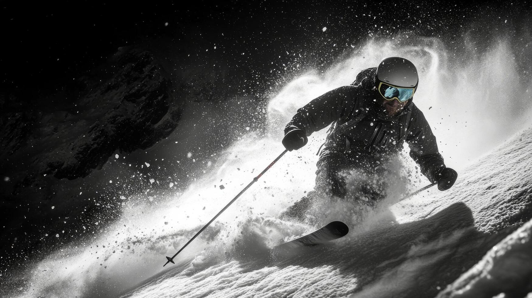 Ski enthusiast enjoying powder snow in a mountain resort during a sunny winter day photo