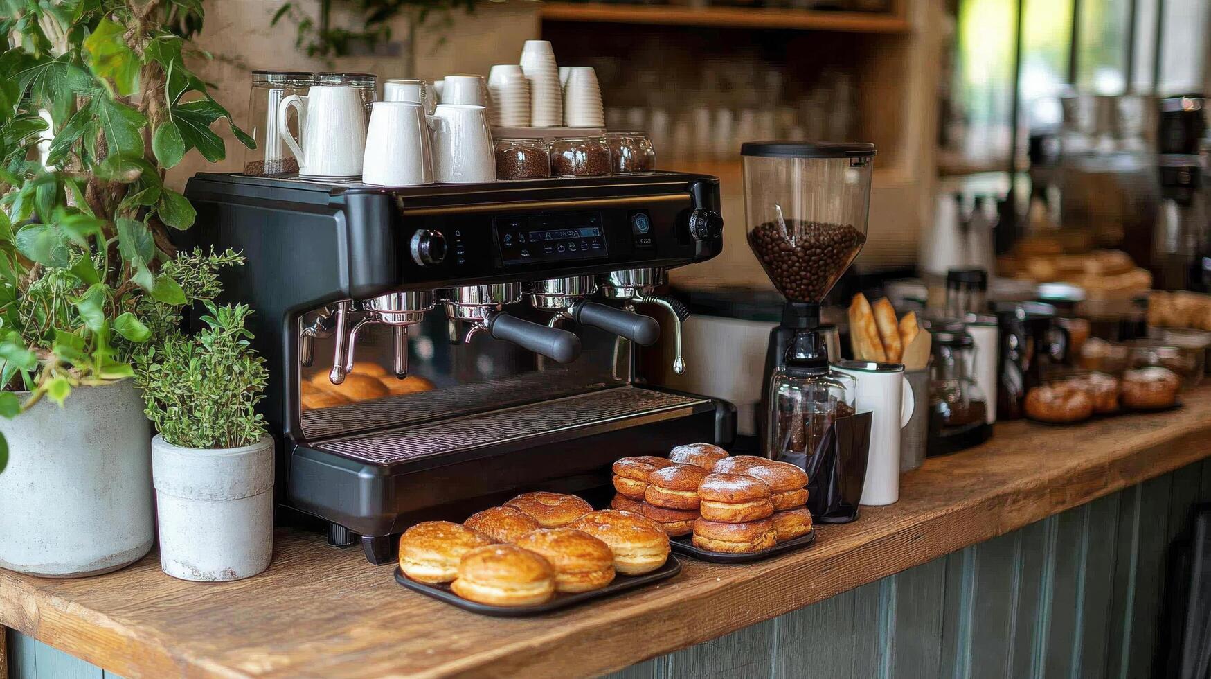 Coffee preparation at a modern cafe with pastries and a beautiful countertop display photo