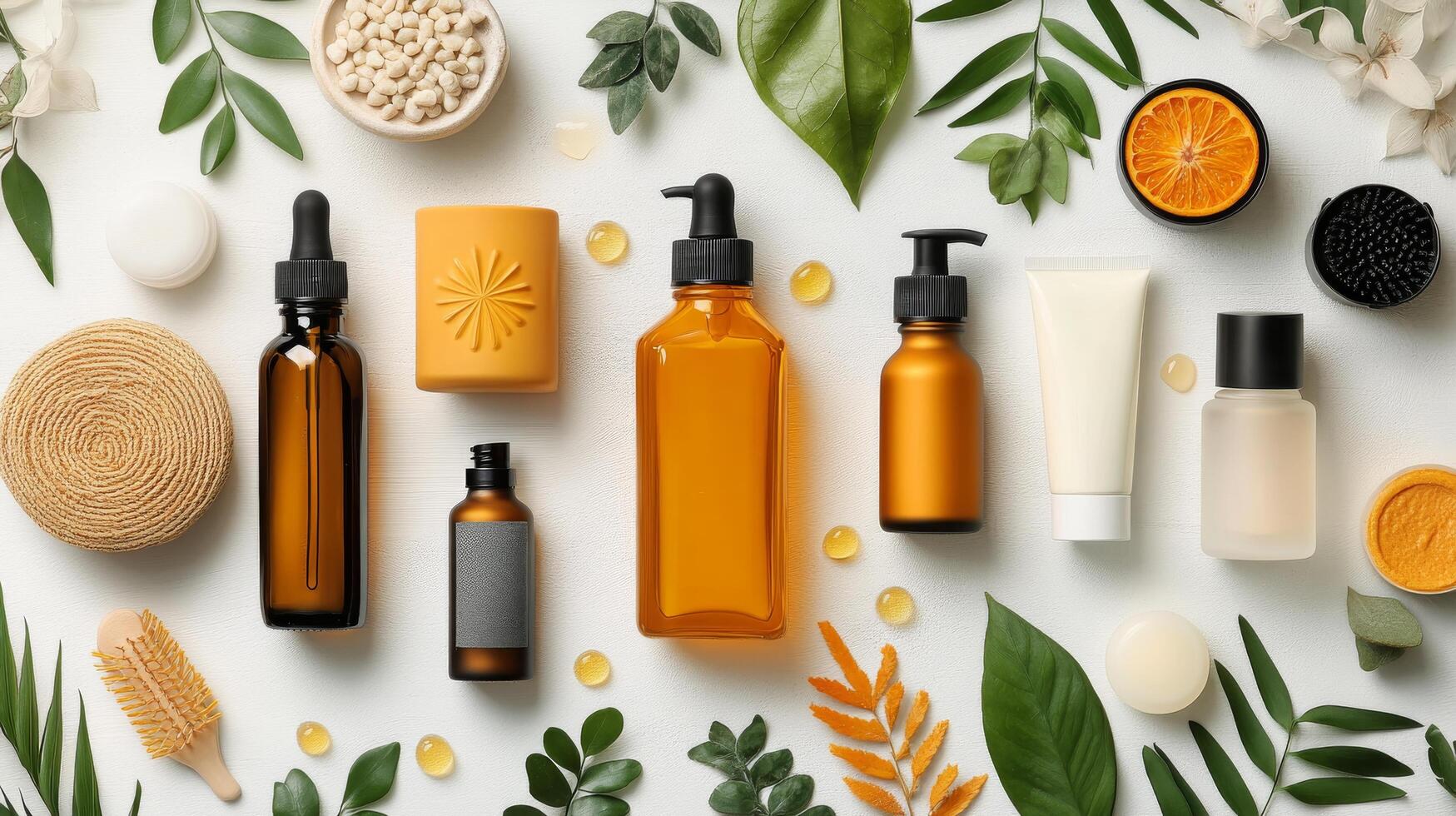 Natural skincare ingredients arranged with citrus fruits and leaves for a tranquil aesthetic photo
