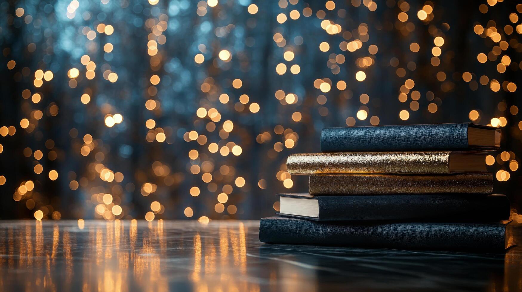 Decorative scrolls with red ribbons on a table highlighted by festive lights and glitter photo
