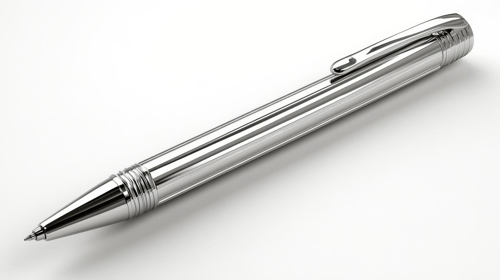 Elegant silver writing pen resting on a clean white surface with sleek design and fine details photo