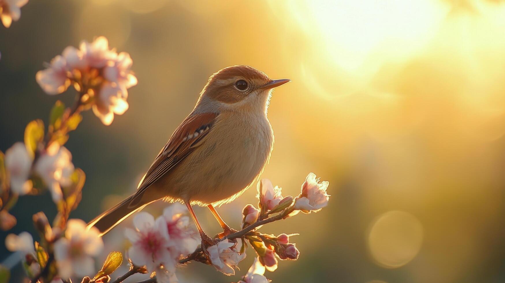 Beautiful sparrows perched on blossoming branches during golden hour photo