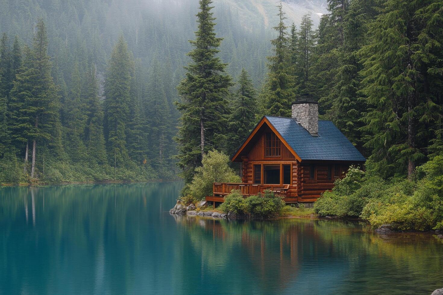 Serene log cabin retreat surrounded by lush greenery and tranquil waters in the morning light photo