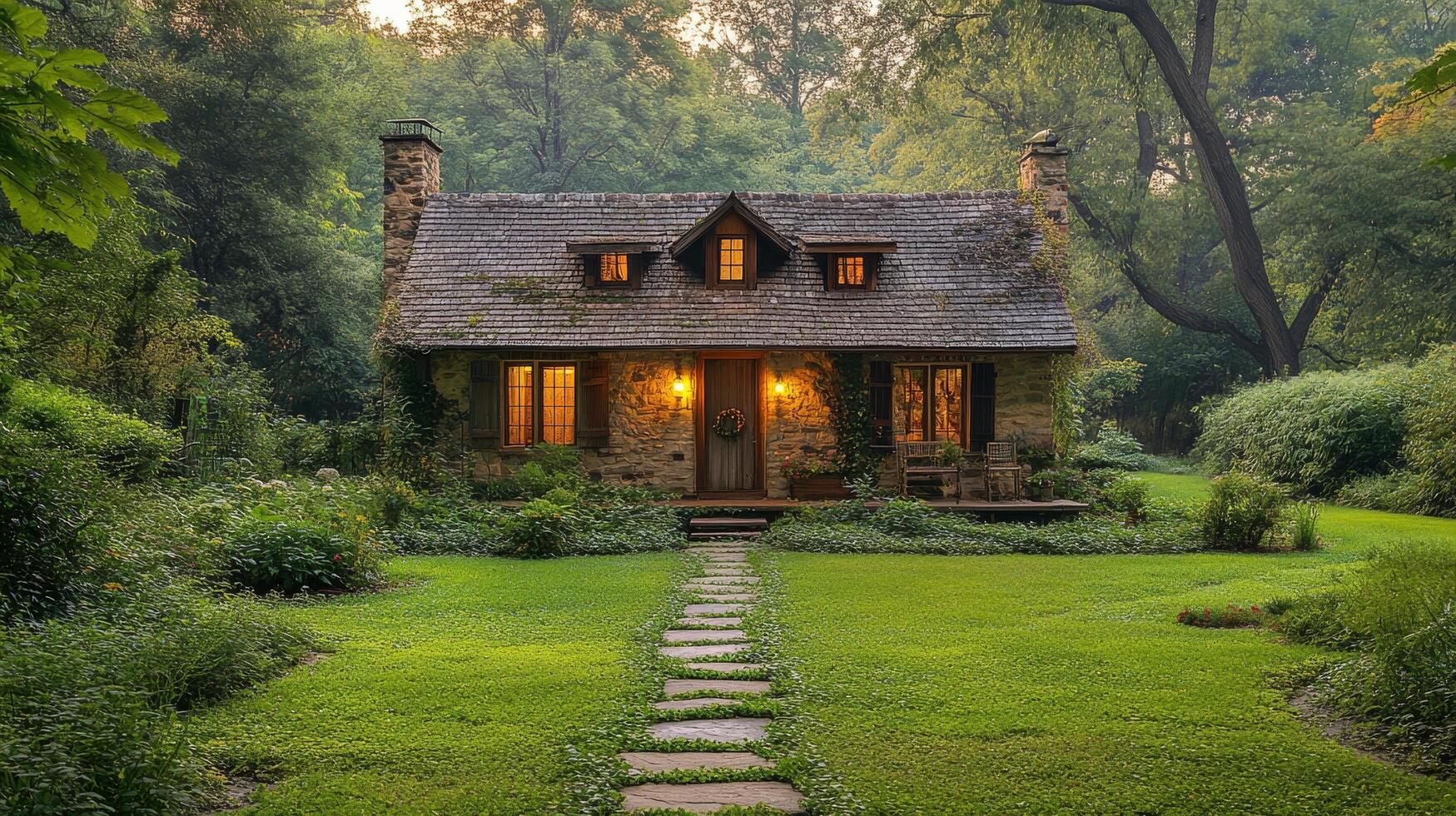 Charming blue house surrounded by lush greenery in a serene garden setting photo
