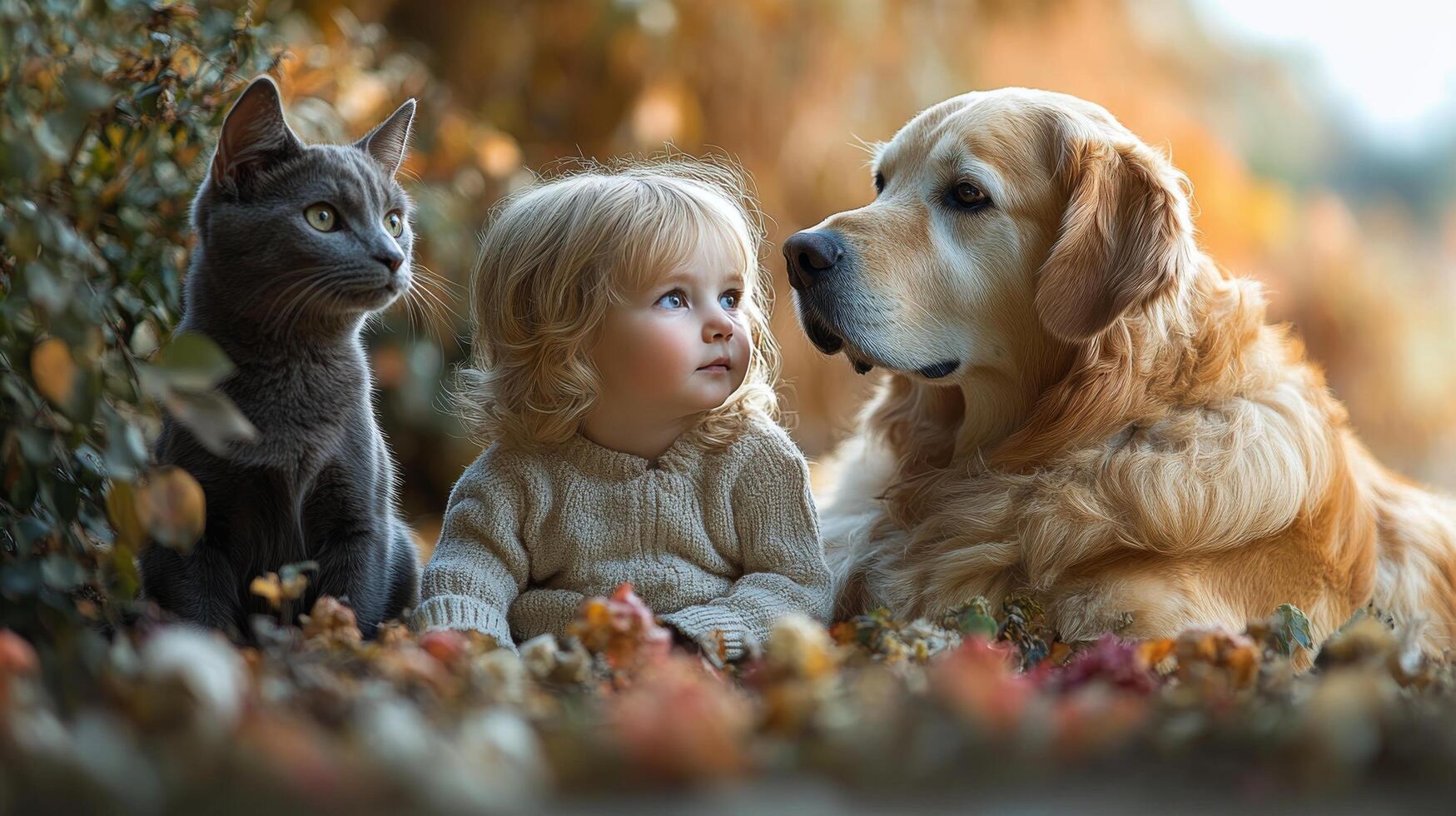 Child and two dogs enjoying nature on a peaceful afternoon in a garden setting photo