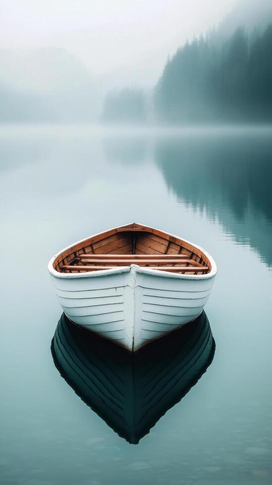 Tranquil wooden boat floating in serene foggy waters surrounded by lush forests photo