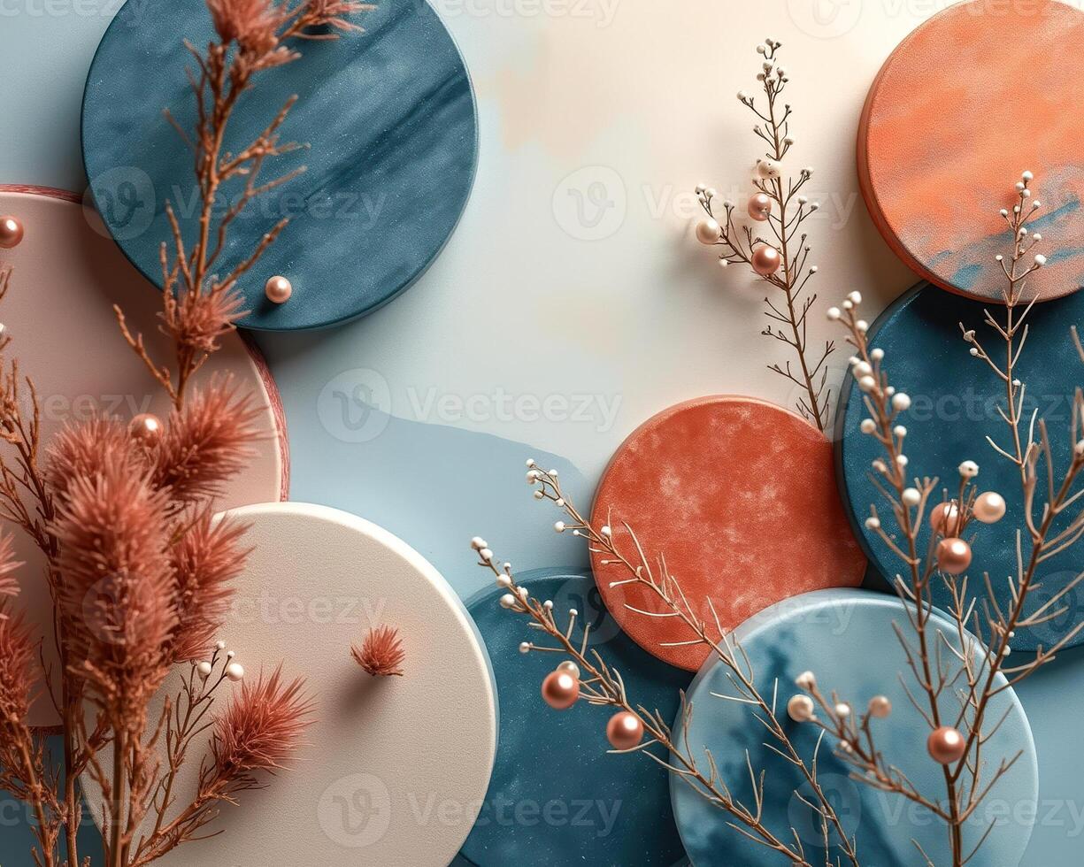 circles decorated with pastel branches pearl accents photo