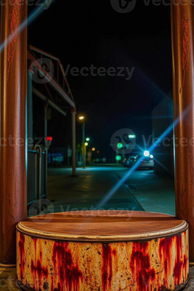 nighttime urban scene featuring a rusty metallic structure with a wooden top photo