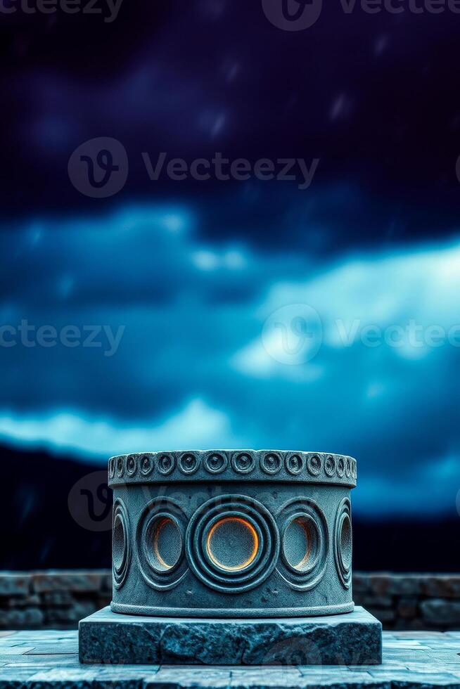 cylindrical stone carving on pedestal photo
