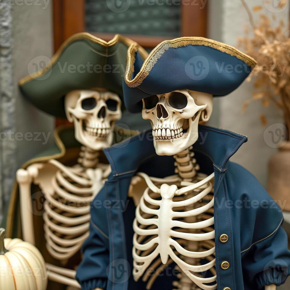 two costumed skeletons pose a festive display. photo