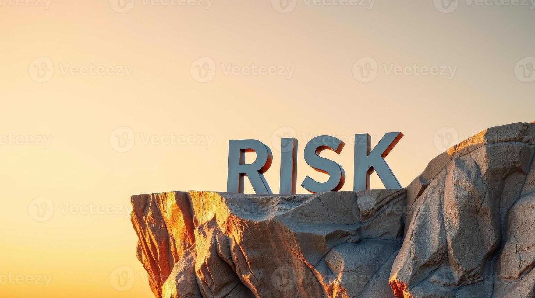 metallic letters spelling risk on a clifftop at sunset photo