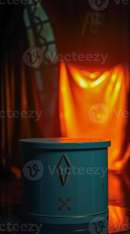 teal cylindrical container with gold accents photo