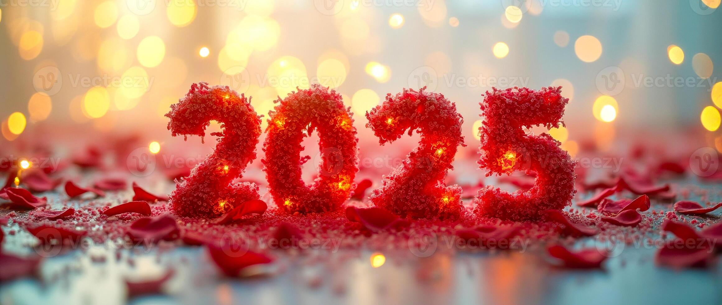 illuminated 2025 numerals with red petals photo