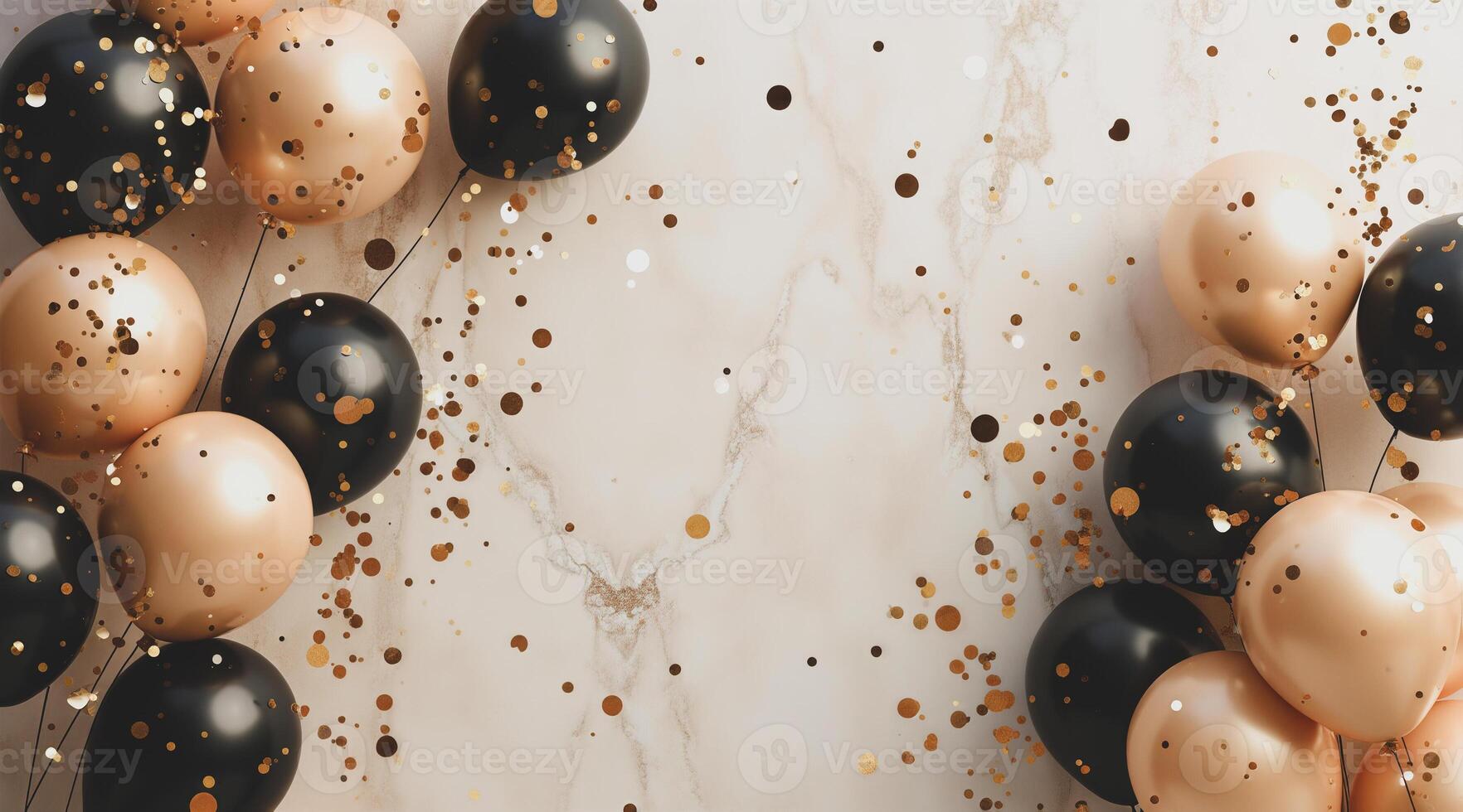 black gold balloons with confetti on marble photo