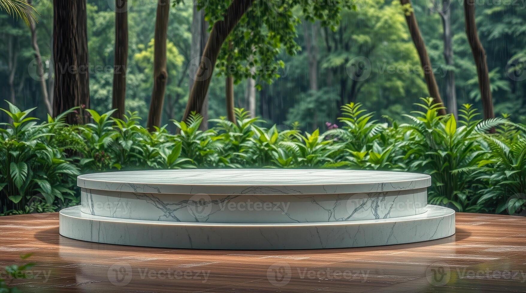 two-tiered marble pedestal a rain-kissed forest photo