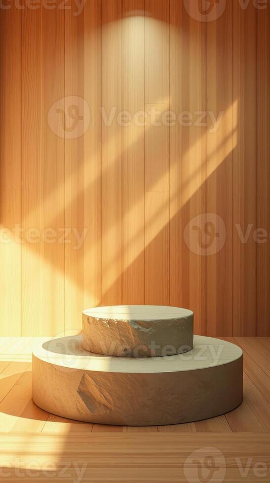 two-tiered stone display platforms on a wood background photo