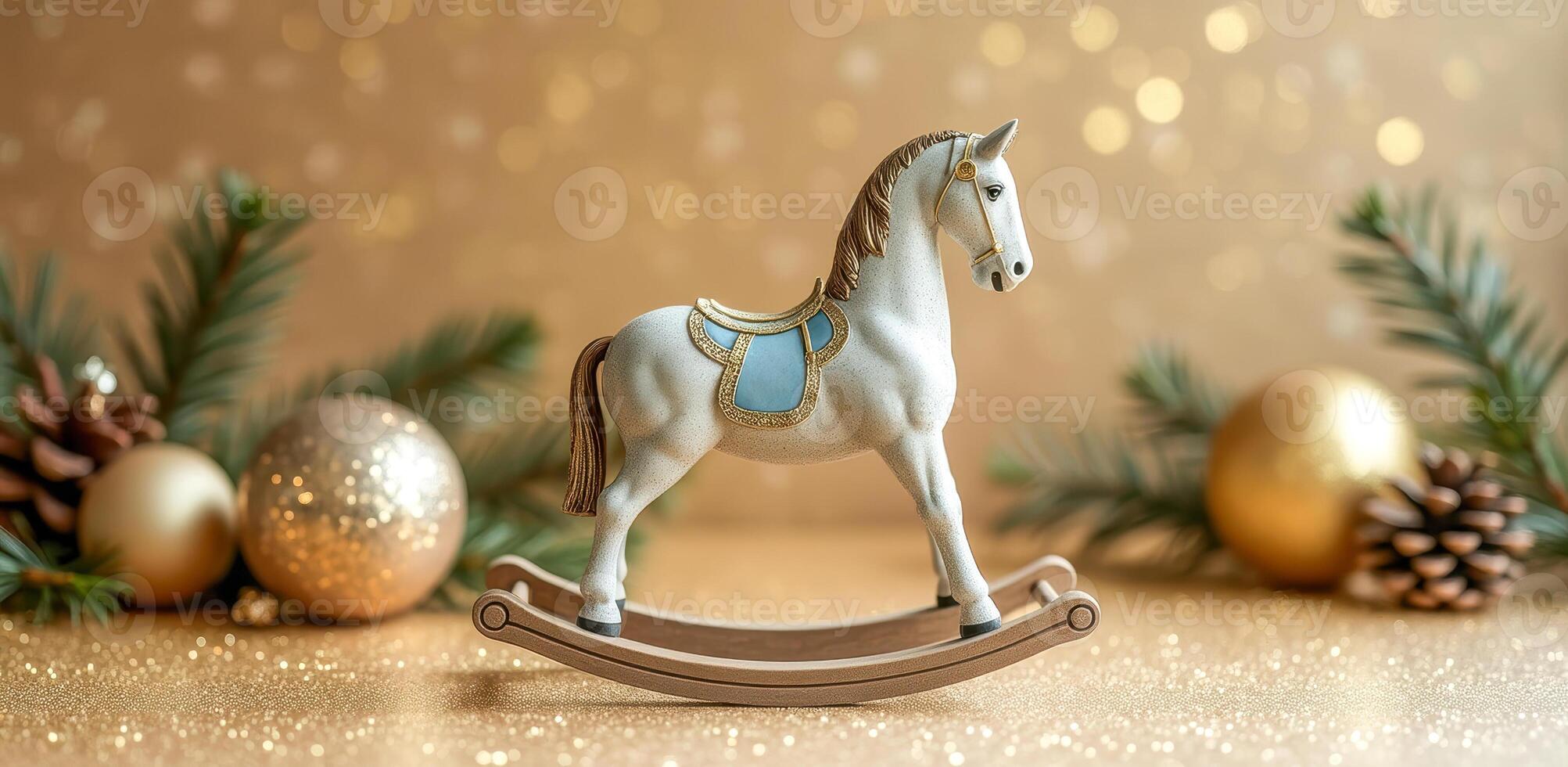 white rocking horse figurine amidst festive decorations photo