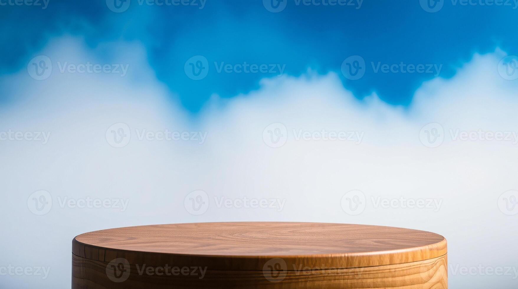 round wooden display surface against blue white background photo
