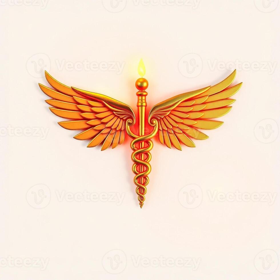 golden winged serpent emblem with a central flame photo