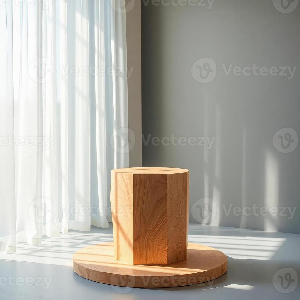 hexagonal wooden pedestal sunlit room photo