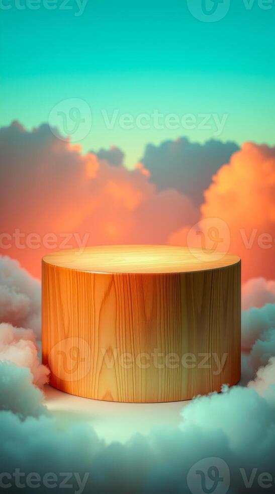wooden platform on clouds with sunset sky photo