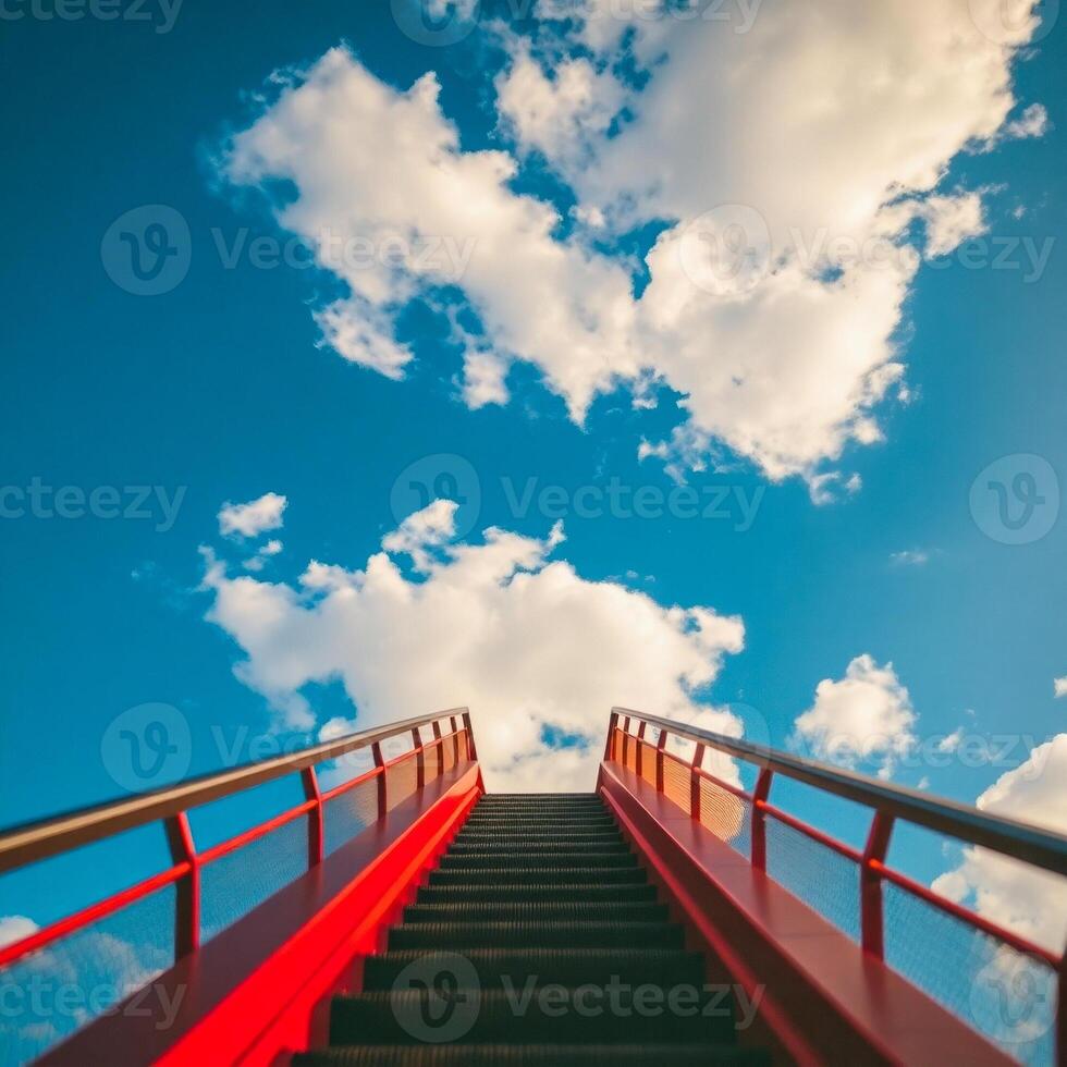 red escalator ascending into a blue sky photo