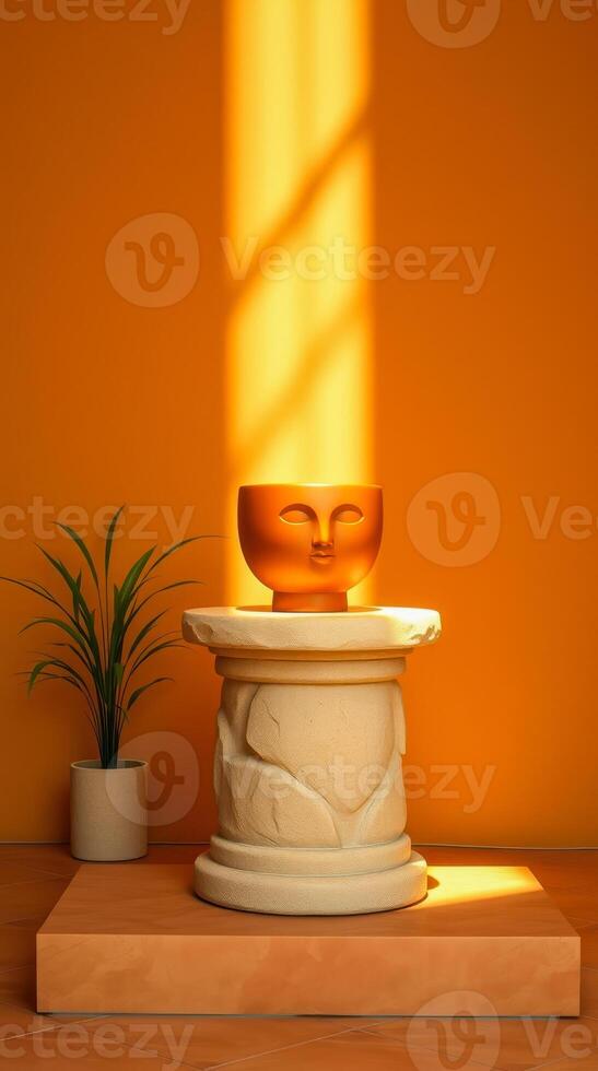 golden face bowl on textured pedestal photo