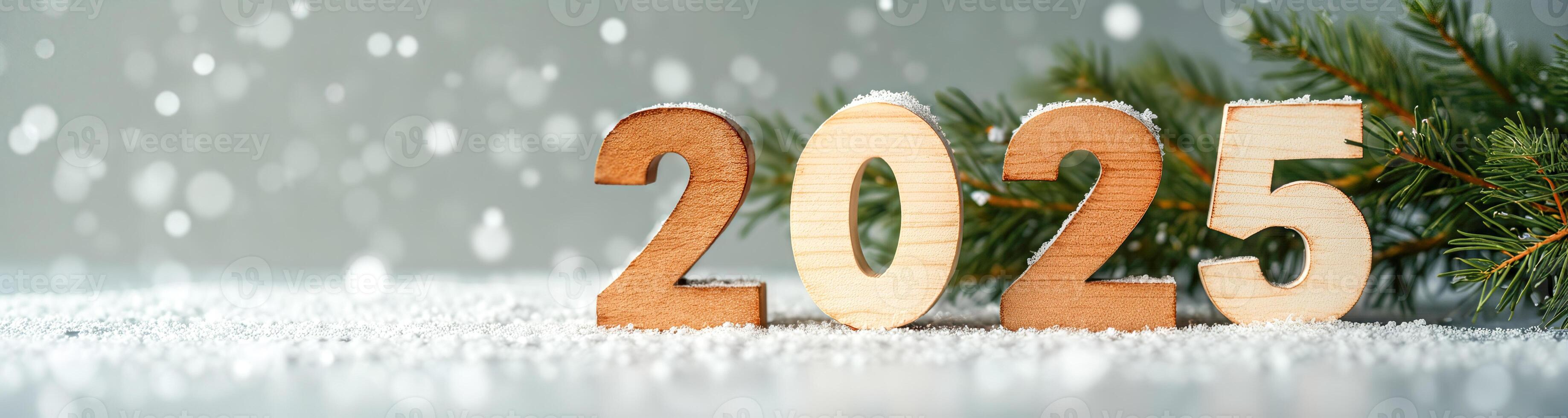 wooden 2025 numerals on snowy surface with pine branch photo