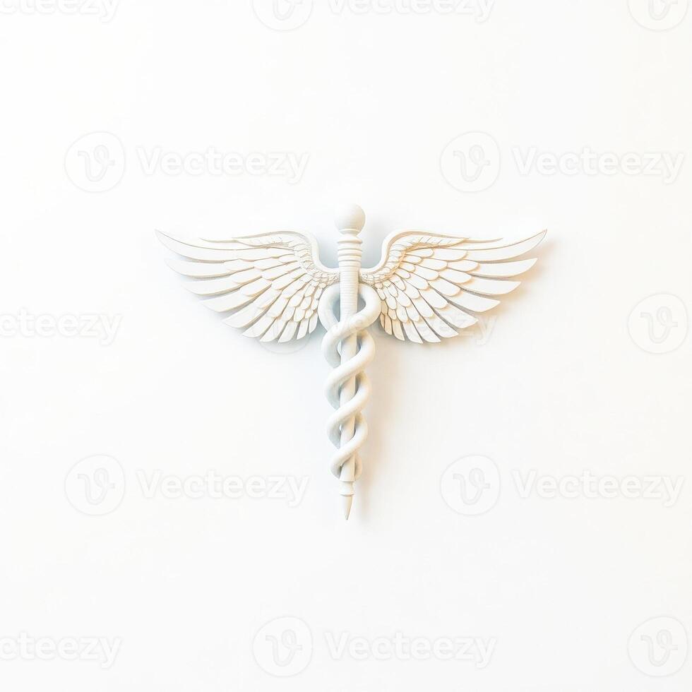 pristine white medical symbol with wings a coiled snake. photo