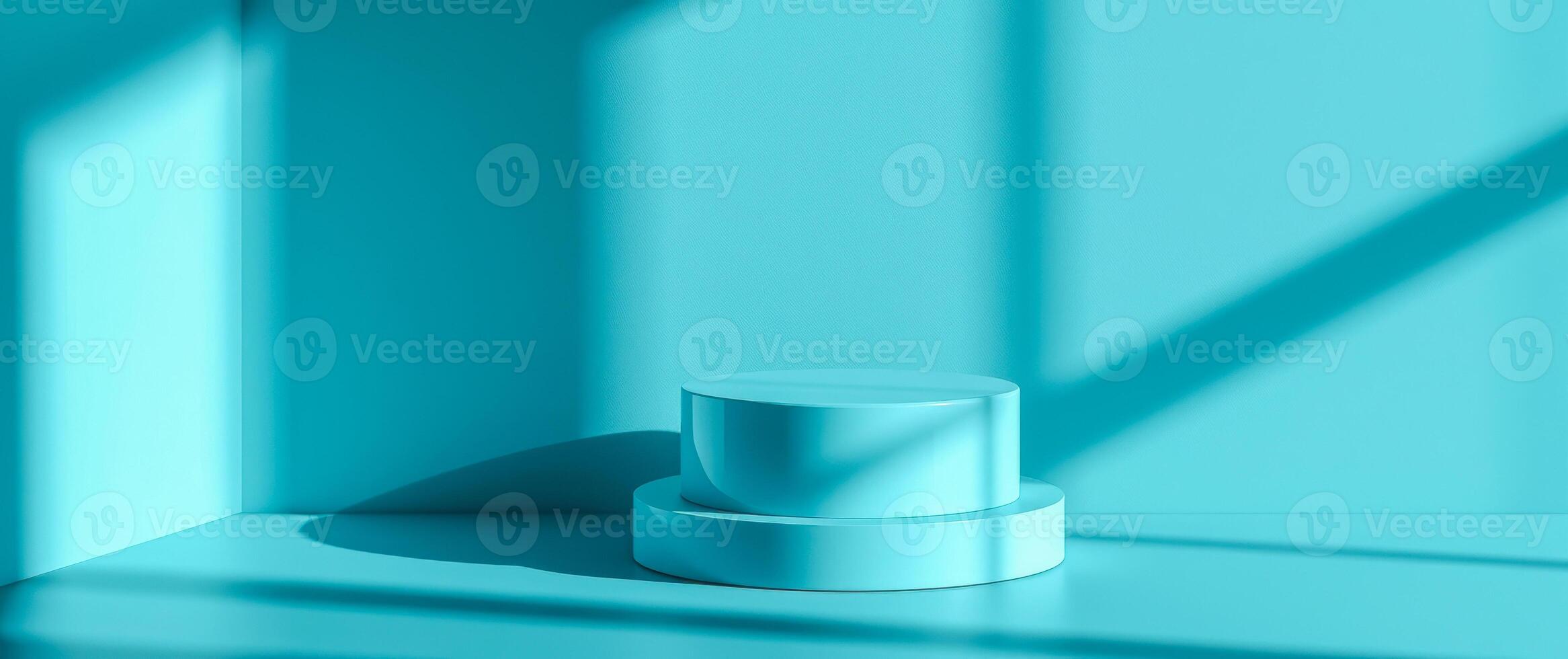 two-tiered light-blue cylindrical display platform sunlit corner photo