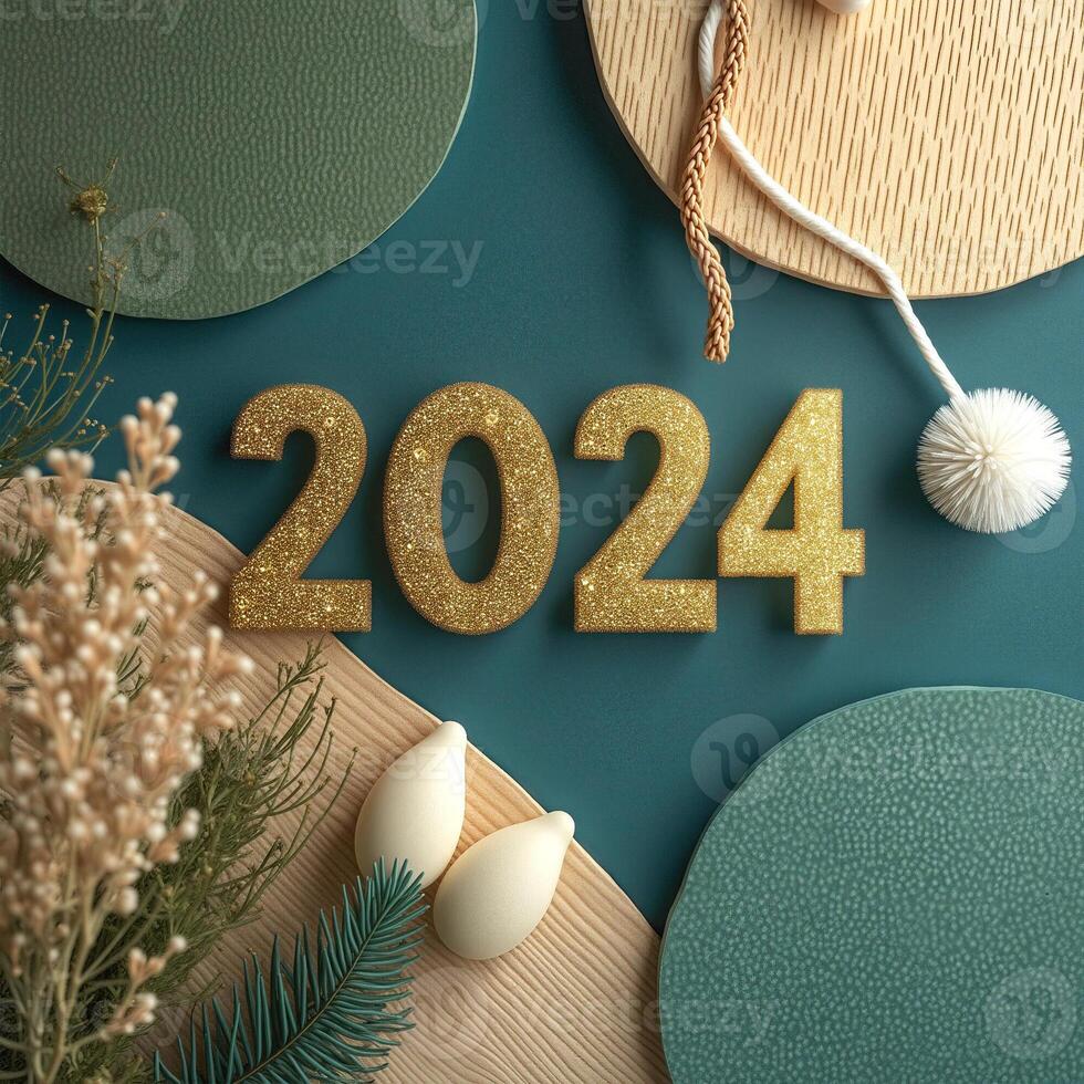 glittery gold numerals 2024 on teal background photo