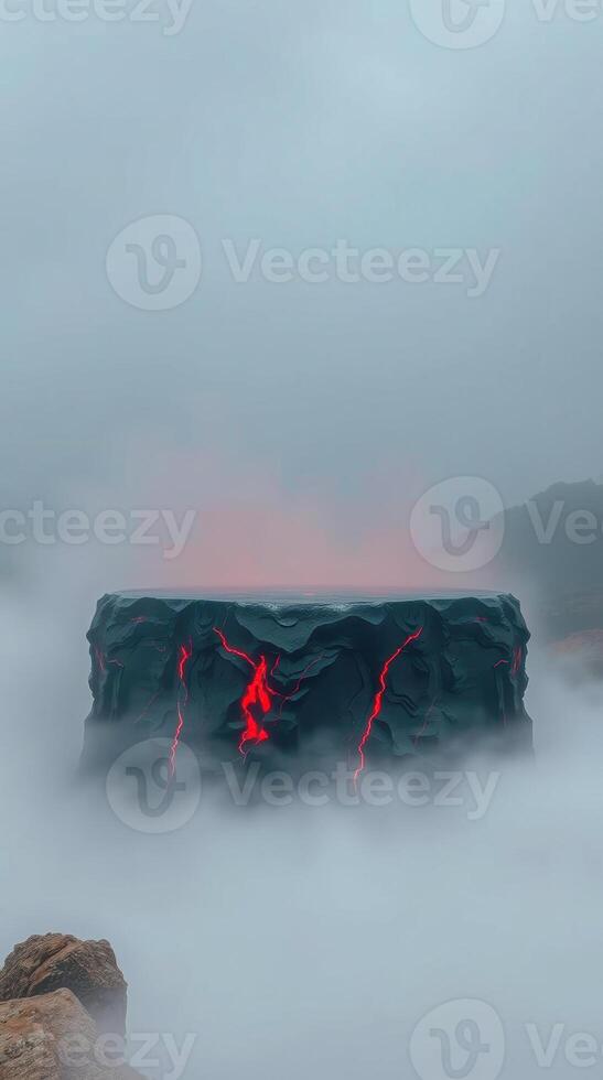 dark rocky platform with glowing red magma photo
