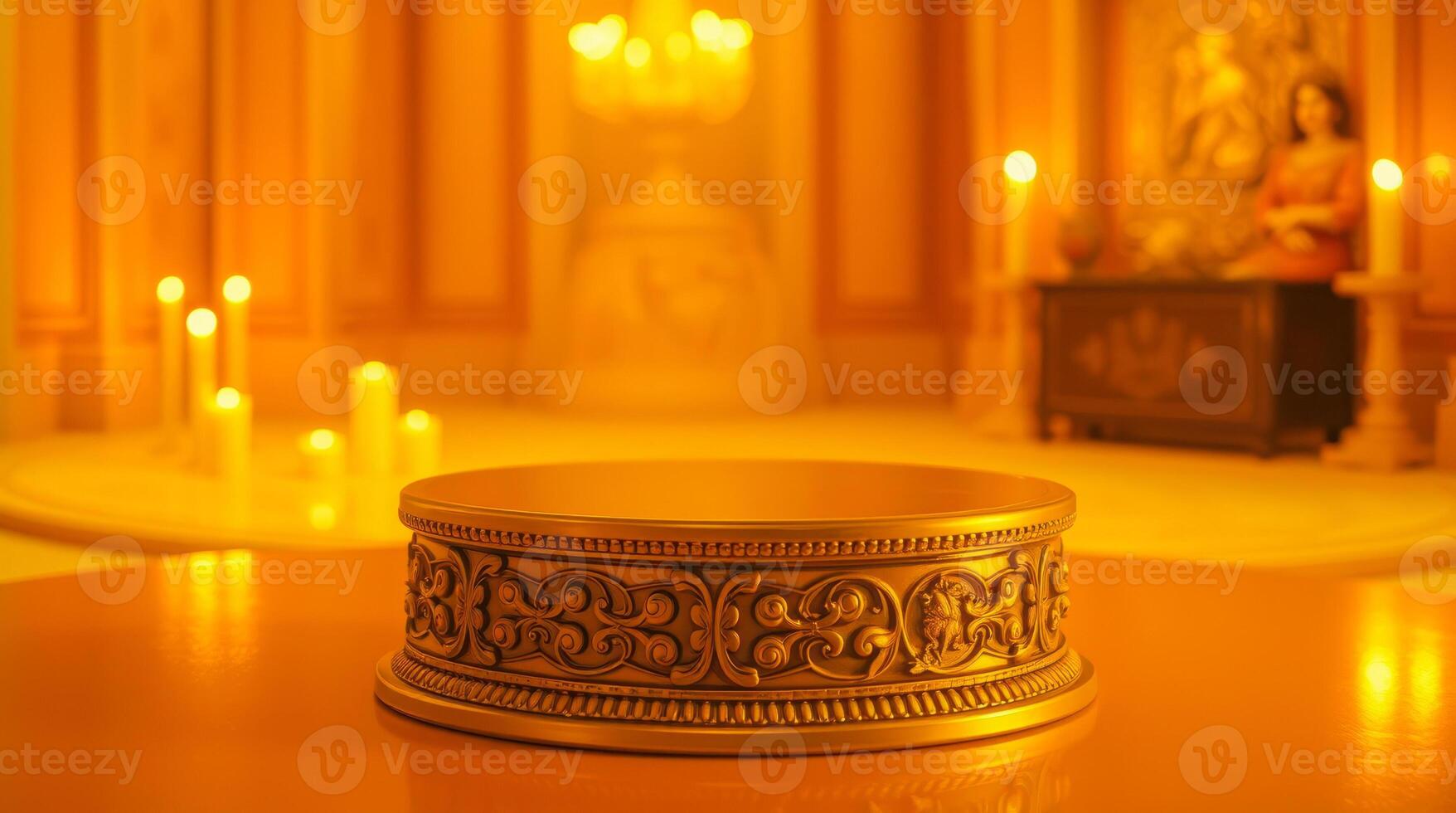 gilded circular pedestal a warmly lit room photo