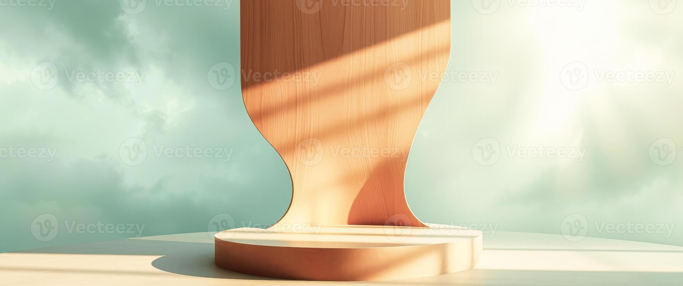 minimalist product display with curved wooden backdrop photo