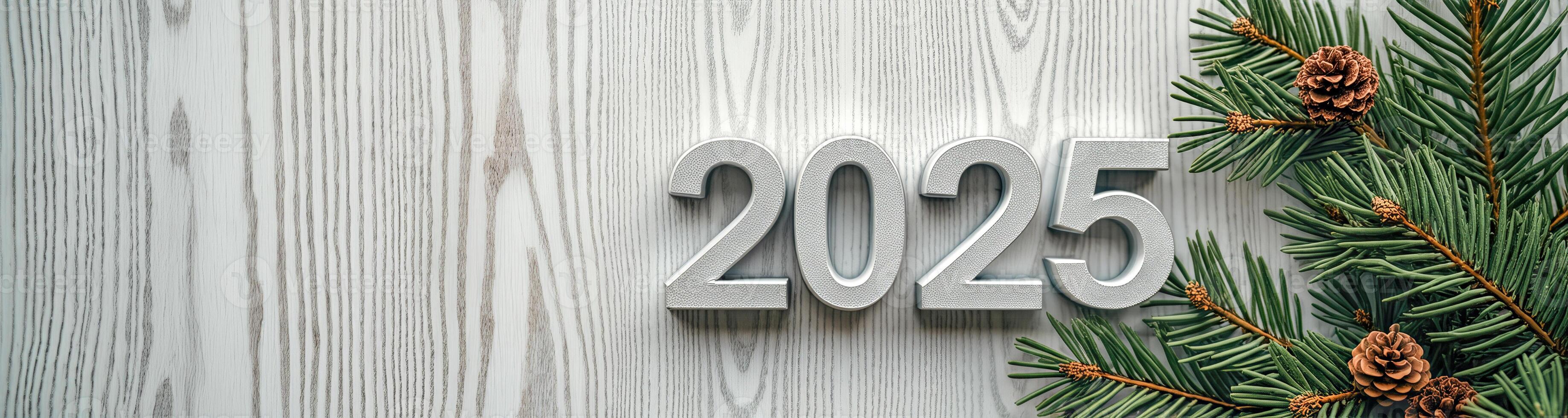 silver 2025 numerals with evergreen accents on white wood photo