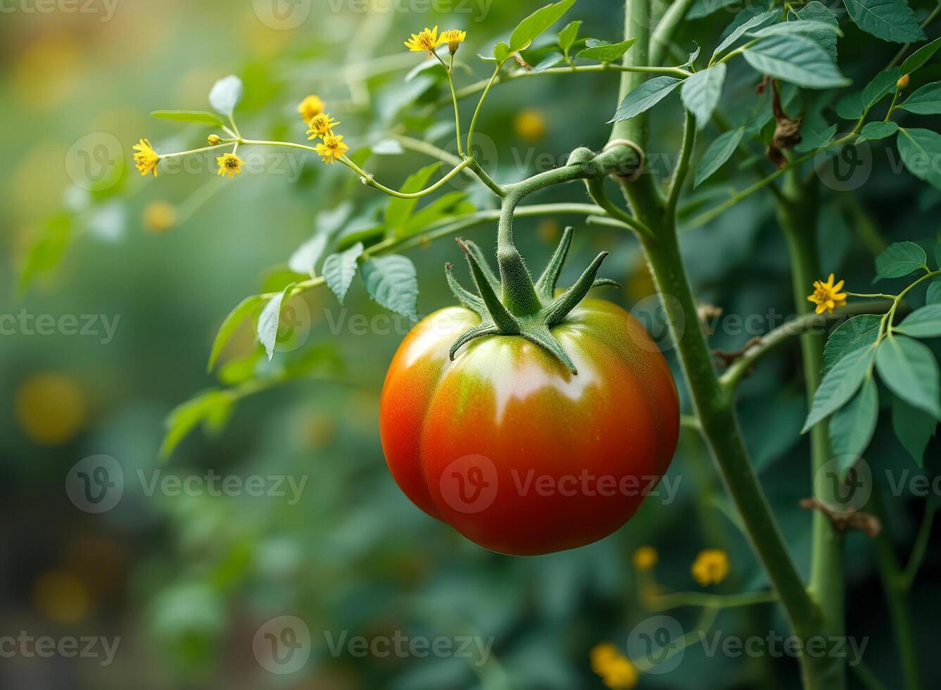ripe red tomato growing on a green vine photo