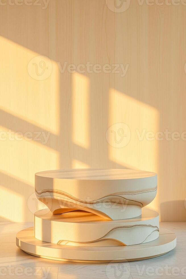 three-tiered creamy platforms create a minimalist display photo