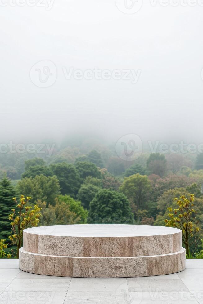 two-tiered round stone pedestal against a misty forest backdrop photo