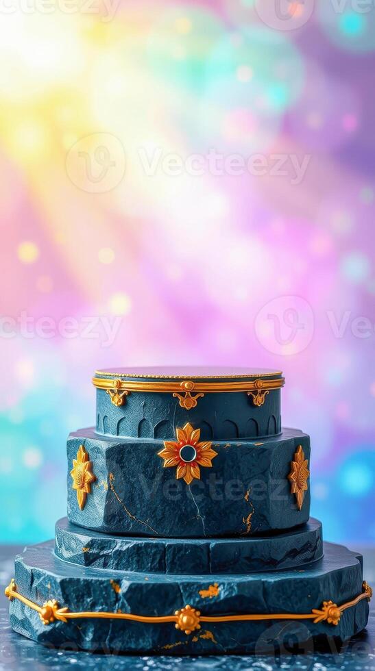 three-layered dark-blue display stand with gold accents photo