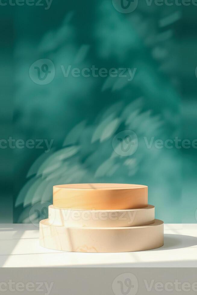 three-tiered display platform with a teal green backdrop photo