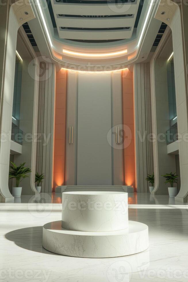 two-tiered cylindrical pedestal a modern lobby photo