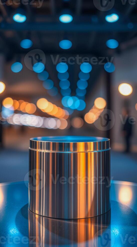 sleek metallic cylinder on reflective surface with bokeh lights photo