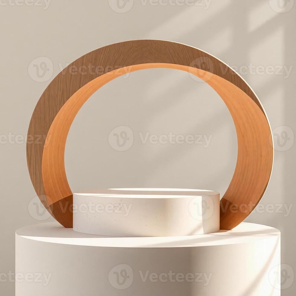 circular wooden frame cylindrical platforms product display photo