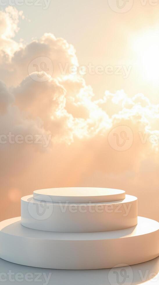 layered white circular platform against a soft cloudy sky photo