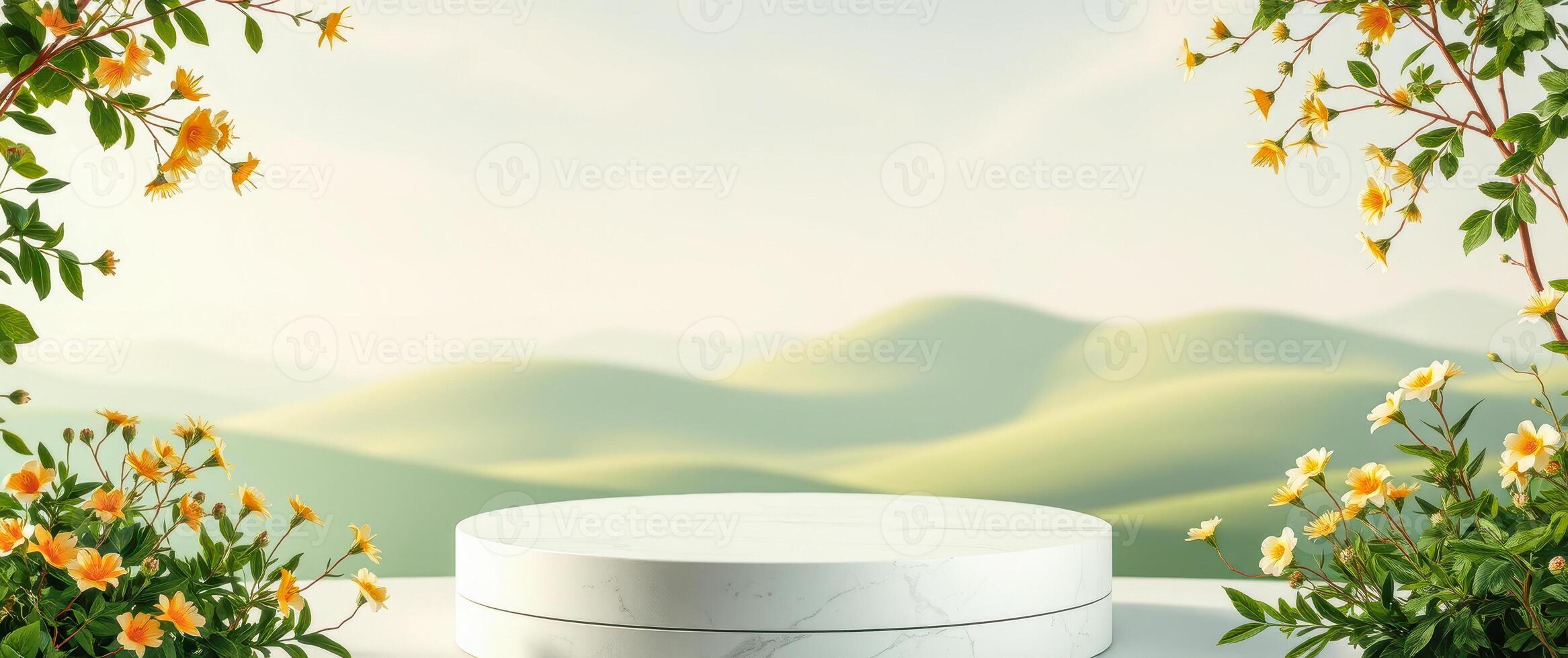 white marble pedestal with yellow flowers green hills photo